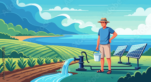 Sustainable irrigation landscape featuring a farmer utilizing solar power and a water pump system