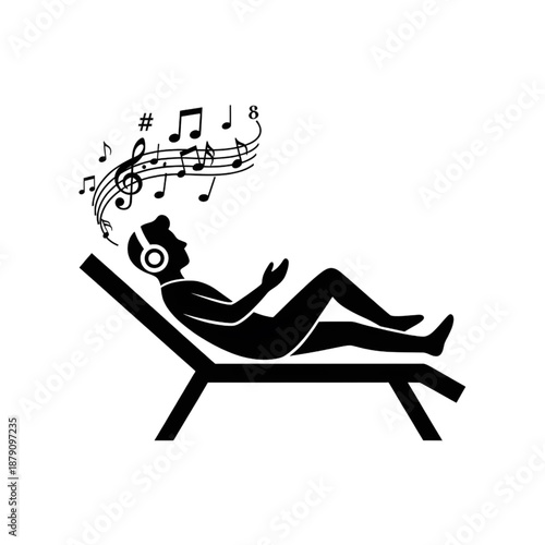 Man Relaxing on Lounge Chair Listening to Music with Headphones Silhouette - Leisure, Wellness, and Audio Therapy Concept Illustration