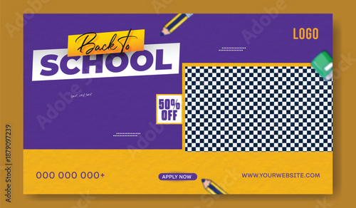 Back to school concept with two happy students on blue background.
Back to school advertisement with smiling young student holding books