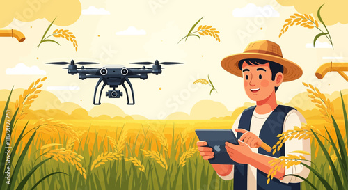 Technological advancement in agriculture demonstrated by drone controlled by farmer