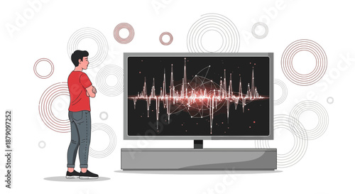 Technological immersion: A man contemplates a vibrant sound wave display on modern television set