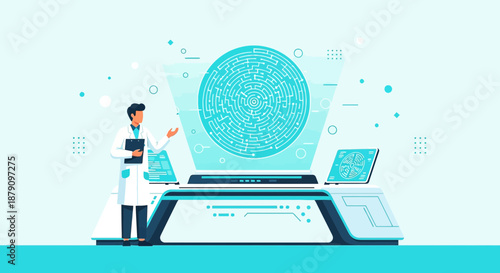 The quest for solutions, illustrated with a scientist analyzing a complex maze display