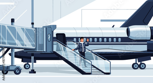 Traveler's departure: A flat illustration of a passenger descending the airplane stairway, airport