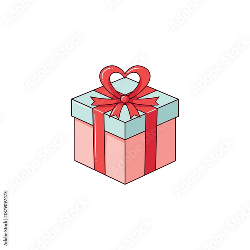Illustration of a gift box with heart-shaped bow and ribbon on white background