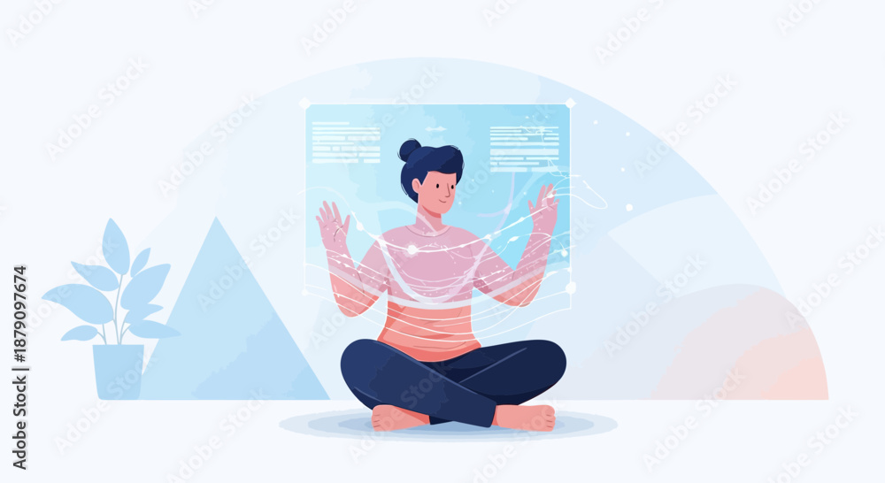 Obraz premium Woman interacting with a futuristic interface while meditating in a tranquil setting
