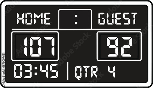 Black and white digital scoreboard displaying game score and time with "HOME" and "GUEST" labels