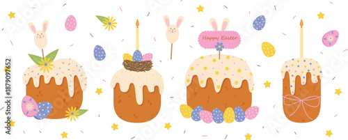 Cute Easter Cakes with Bunny Decorations – Vector Illustration Set