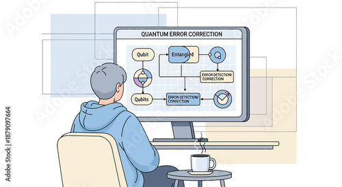 Conceptual artwork portraying quantum error correction, featuring qubits and entanglement