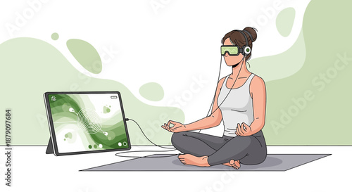 Woman meditating with VR headset connected to tablet, experiencing guided virtual meditation