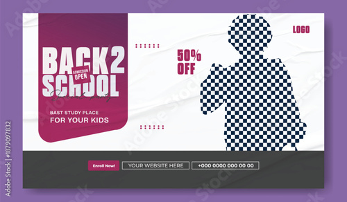 Back to school concept with two happy students on blue background.
Back to school advertisement with smiling young student holding books