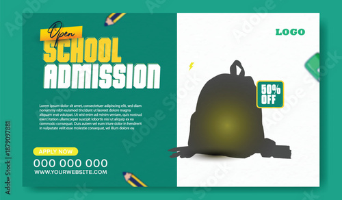 Back to school sale advertisement with yellow backpack and discount offer.
School admission brochure with images of happy students.