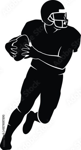 Black silhouette of a football player running with the ball, ready to score a touchdown in a dynamic pose