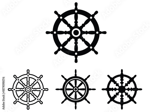 Set of diverse ship wheel icons representing nautical adventure and maritime navigation