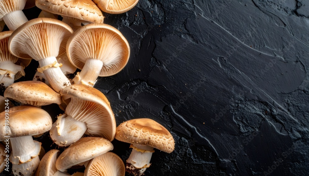 Obraz premium Fresh shiitake mushrooms scattered on dark stone background