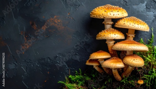 Group of wild mushrooms growing brown forest floor moss