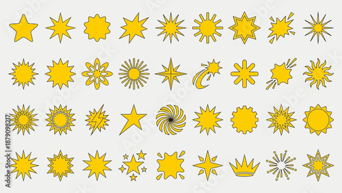 Geometric Star Vector Icon Set –  Yellow Sunburst Shapes with Varying Points for Design, Decoration, UI Elements, Awards, and Artistic Illustration Use