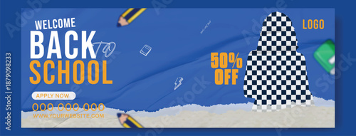 Young woman holding books on a blue and orange back to school background.
Back to school advertisement with a young man holding books.