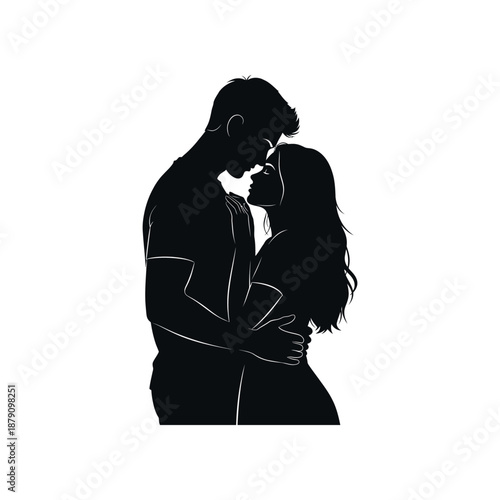 Couple embracing in a tender moment, silhouetted against a white background, illustration style, intimate atmosphere, close-up viewpoint
