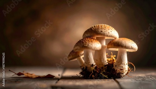 Wild mushrooms growing on earthy forest floor