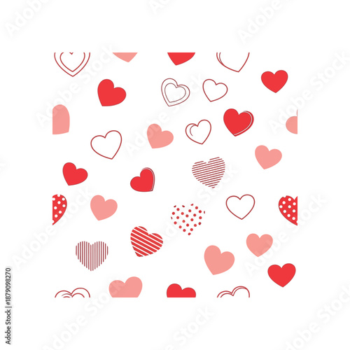 Collection of assorted red and pink heart illustrations on white background.