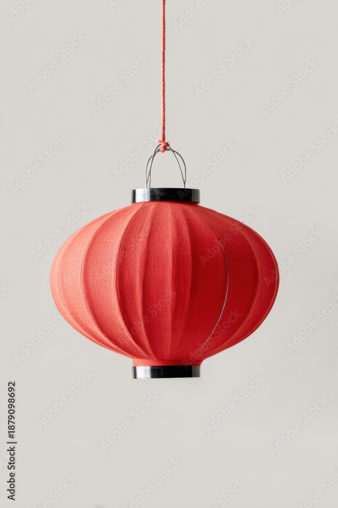 Obraz premium Red paper lantern hanging from a string against a light gray background, showcasing its rounded shape and textured surface, ideal for festive decorations or celebrations