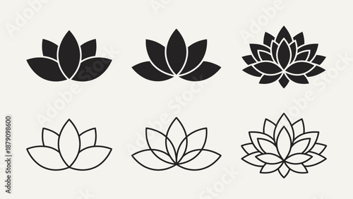 Lotus Flower Vector Icon Set – Solid and Outline Styles in Black for Spiritual Design, Nature Symbolism, Pattern Art, and Minimalist Illustration Use