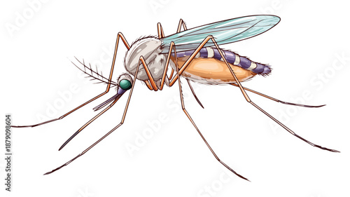 Cartoon Mosquito Biting Human Skin Vector Illustration with Outline Isolated Background