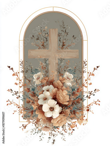 Floral Wooden Cross Christian Art – Generative AI