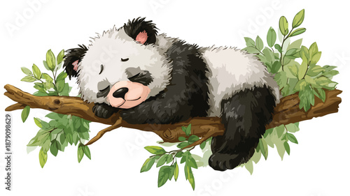 Cute Cartoon Panda Sleeping on Tree with Outline Vector Illustration