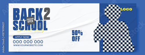 Back to school concept with two happy students on blue background.
Back to school advertisement with smiling young student holding books