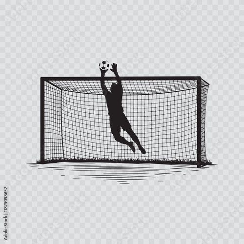 Silhouette of a soccer goalkeeper catching the ball in a net