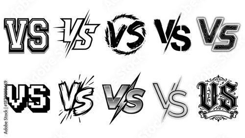Versus Symbol Vector Icon Set – 10 Stylized “VS” Designs with Fonts, Lightning, Shadows for Gaming, Sports, Debate, Comparison, and Graphic Design Use