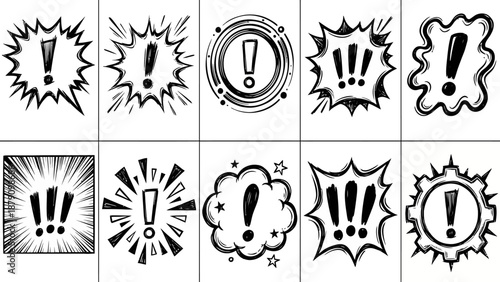 Comic-Style Exclamation Mark Vector Set – 10 Black and White Burst Icons for Surprise, Urgency, Emphasis, Storytelling, and Graphic Design Use