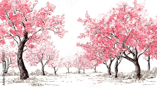 Vibrant Cherry Blossom Park Spring Landscape Vector Illustration