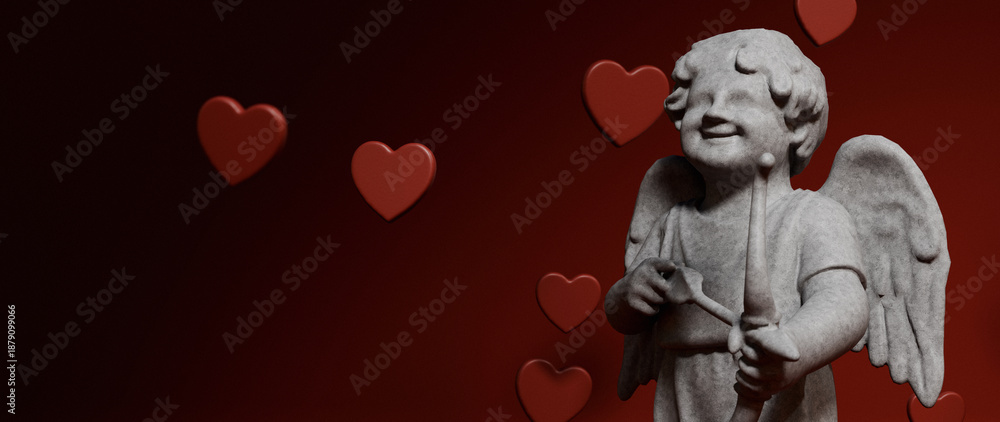 Fototapeta premium Romantic Stone Cherub Cupid with Floating Red Hearts Valentine Background