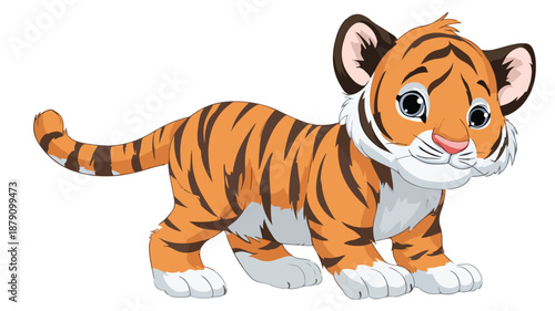 Adorable Baby Tiger Cartoon Illustration on White Background with Outline - Vector Design