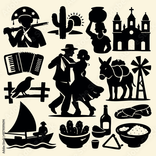 Nordest Culture Icons – Monochrome Silhouettes Collection Brazil SET