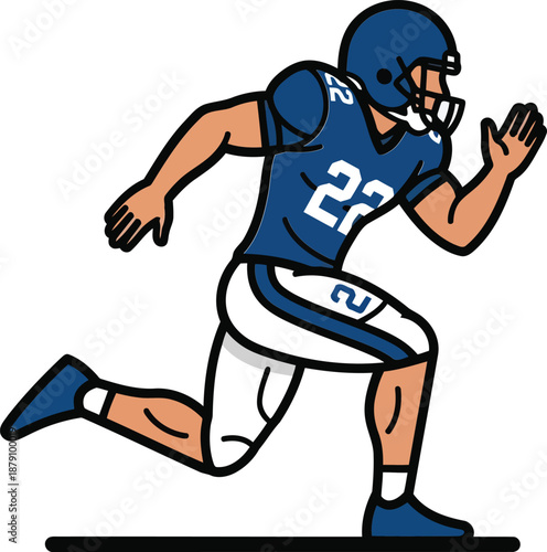 Dynamic cartoon illustration of an American football player in full stride, a powerful running athlete showcasing agility and speed, perfect for sports and athletic themes