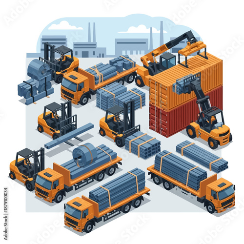 Industrial logistics and transportation equipment in a warehouse setting.