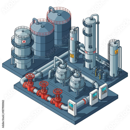 Isometric illustration of an industrial facility with tanks and pipelines.