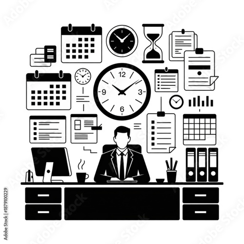 Businessman surrounded by time management symbols.