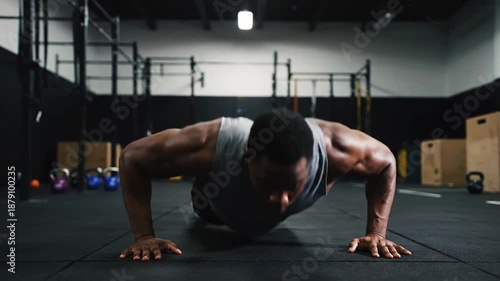 Muscular African American Man Doing Push-Ups in a Modern Gym.