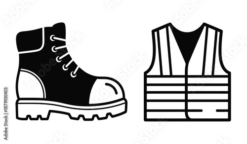 Black and white illustration depicting a work boot and safety vest