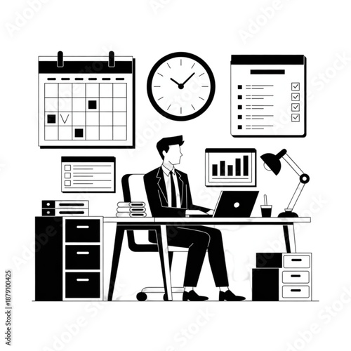 Businessman working on laptop at office desk.