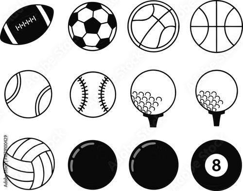 Collection of various sport balls icons representing diverse athletic games for sports enthusiasts and hobbyists alike