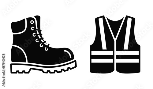 Safety footwear and vest essential protective gear icons in black and white