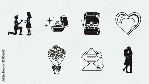 Silhouettes of proposal, engagement ring in box, open ring box with sparkles, romantic heart, bouquet, love letter, and couple embracing