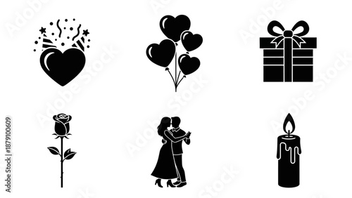 Set of solid black romantic vector icons showing heart party balloons gift box rose dancing couple and burning candle