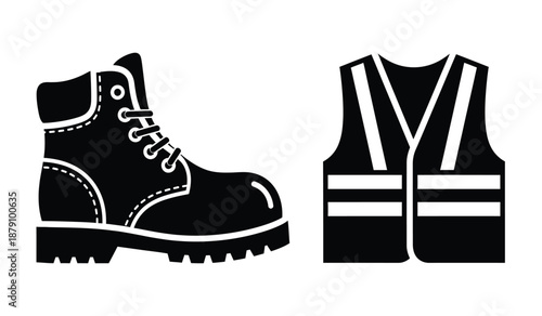 Black and white illustration of a work boot and safety vest
