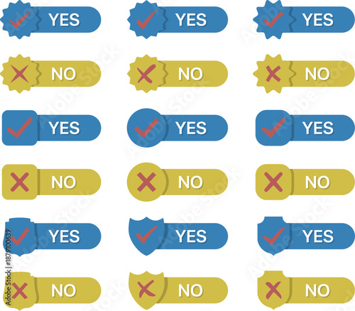 Yes and No Buttons Set with Check Mark and Cross Icons. Blue and Yellow UI Labels, Badges and Toggles for Approval, Confirmation, Decision Making, Survey Interface and Web App Design